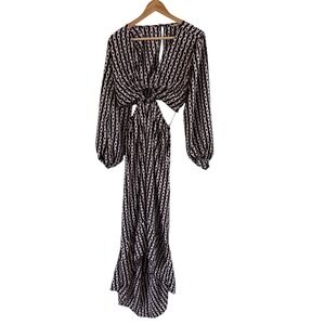 Indulge Chain Print Cutout Knot Maxi Dress Womens L Black White Pink Long Sleeve